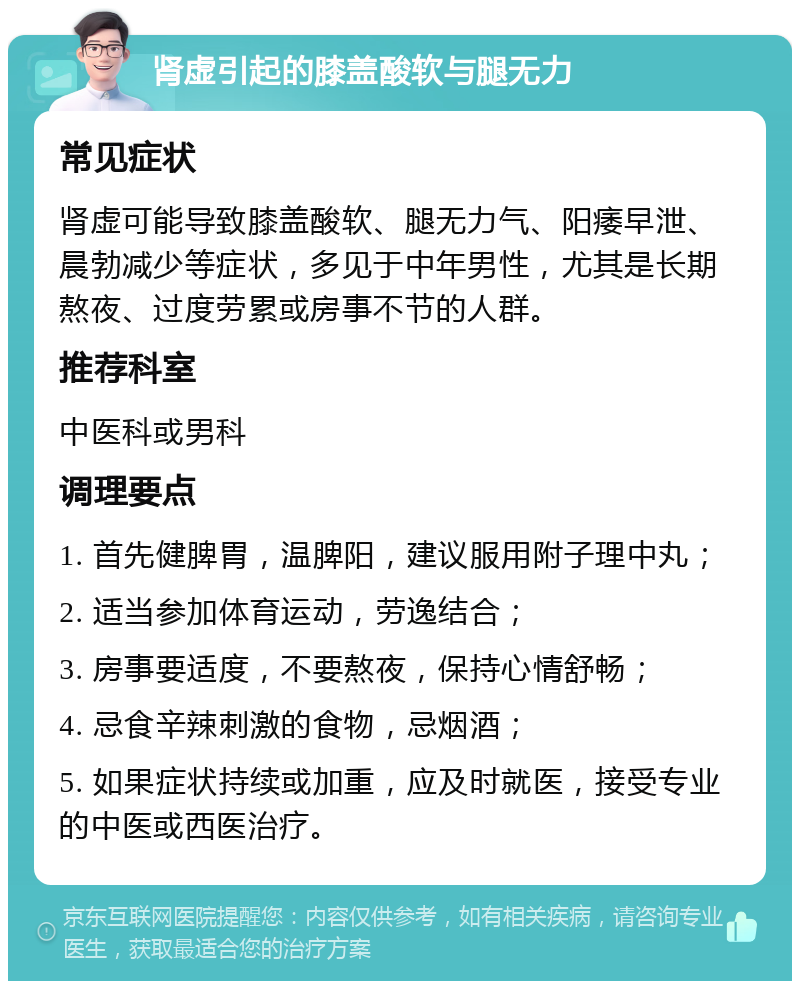 肾虚引起的膝盖酸软与腿无力 常见症状 肾虚可能导致膝盖酸软、腿无力气、阳痿早泄、晨勃减少等症状，多见于中年男性，尤其是长期熬夜、过度劳累或房事不节的人群。 推荐科室 中医科或男科 调理要点 1. 首先健脾胃，温脾阳，建议服用附子理中丸； 2. 适当参加体育运动，劳逸结合； 3. 房事要适度，不要熬夜，保持心情舒畅； 4. 忌食辛辣刺激的食物，忌烟酒； 5. 如果症状持续或加重，应及时就医，接受专业的中医或西医治疗。