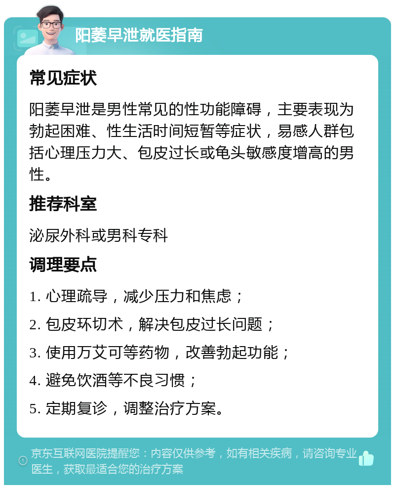 阳萎早泄就医指南 常见症状 阳萎早泄是男性常见的性功能障碍，主要表现为勃起困难、性生活时间短暂等症状，易感人群包括心理压力大、包皮过长或龟头敏感度增高的男性。 推荐科室 泌尿外科或男科专科 调理要点 1. 心理疏导，减少压力和焦虑； 2. 包皮环切术，解决包皮过长问题； 3. 使用万艾可等药物，改善勃起功能； 4. 避免饮酒等不良习惯； 5. 定期复诊，调整治疗方案。