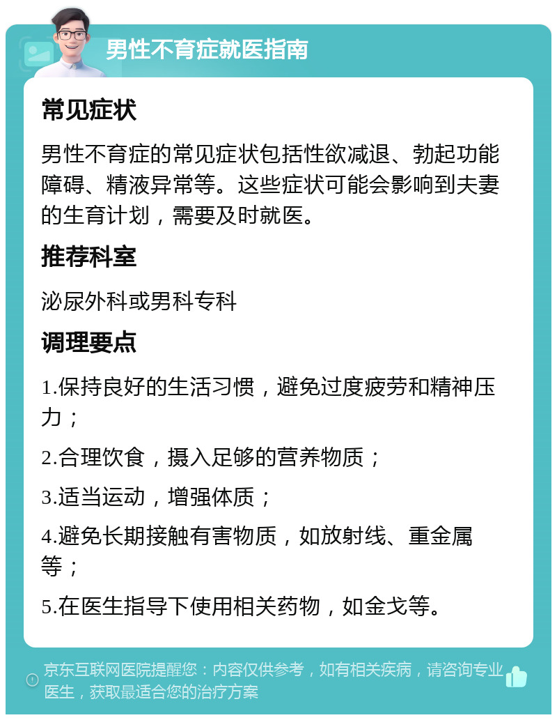 男性不育症就医指南 常见症状 男性不育症的常见症状包括性欲减退、勃起功能障碍、精液异常等。这些症状可能会影响到夫妻的生育计划，需要及时就医。 推荐科室 泌尿外科或男科专科 调理要点 1.保持良好的生活习惯，避免过度疲劳和精神压力； 2.合理饮食，摄入足够的营养物质； 3.适当运动，增强体质； 4.避免长期接触有害物质，如放射线、重金属等； 5.在医生指导下使用相关药物，如金戈等。