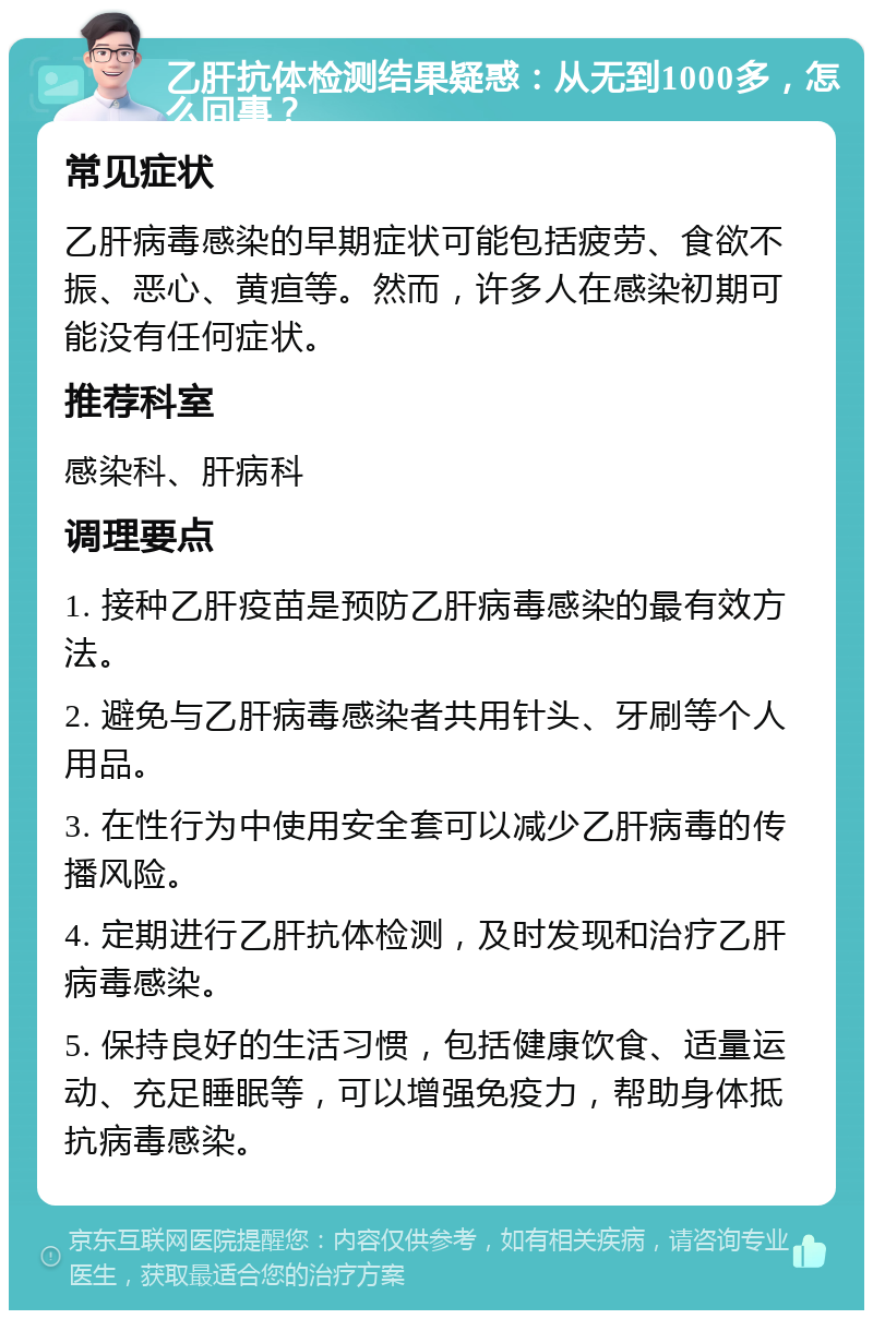 乙肝抗体检测结果疑惑：从无到1000多，怎么回事？ 常见症状 乙肝病毒感染的早期症状可能包括疲劳、食欲不振、恶心、黄疸等。然而，许多人在感染初期可能没有任何症状。 推荐科室 感染科、肝病科 调理要点 1. 接种乙肝疫苗是预防乙肝病毒感染的最有效方法。 2. 避免与乙肝病毒感染者共用针头、牙刷等个人用品。 3. 在性行为中使用安全套可以减少乙肝病毒的传播风险。 4. 定期进行乙肝抗体检测，及时发现和治疗乙肝病毒感染。 5. 保持良好的生活习惯，包括健康饮食、适量运动、充足睡眠等，可以增强免疫力，帮助身体抵抗病毒感染。