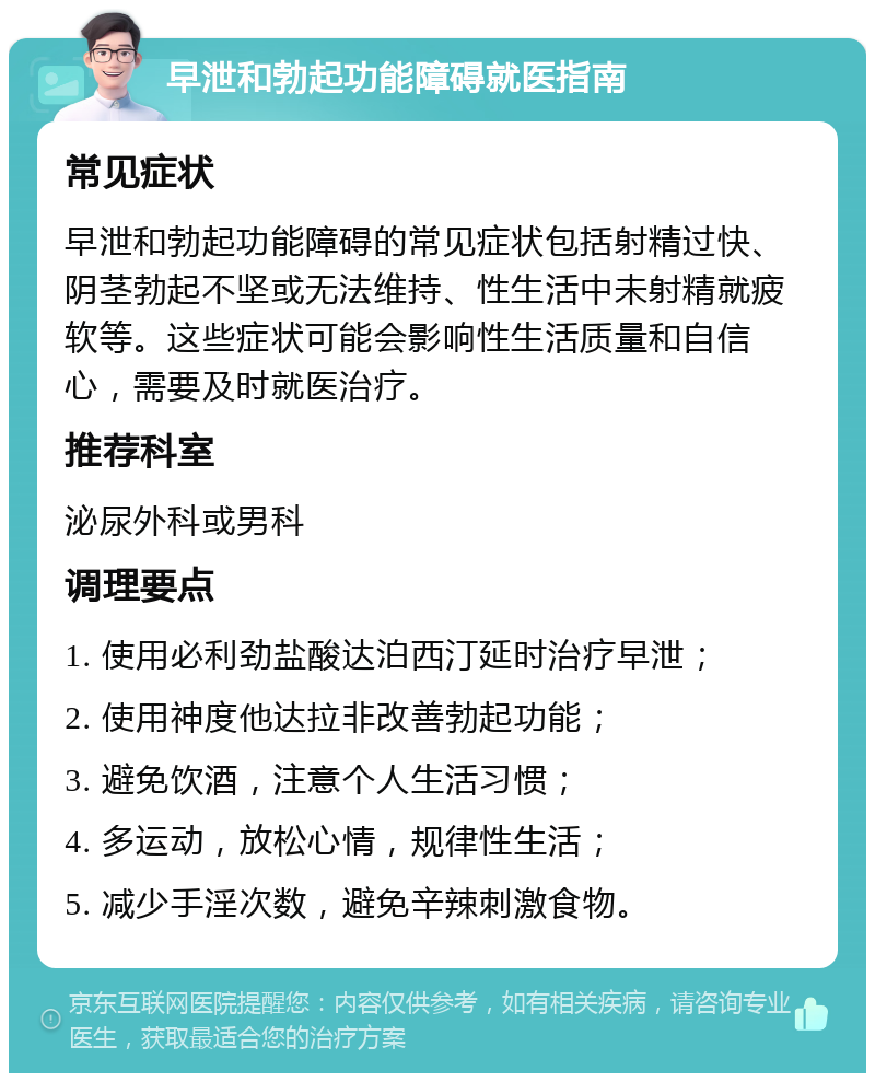 早泄和勃起功能障碍就医指南 常见症状 早泄和勃起功能障碍的常见症状包括射精过快、阴茎勃起不坚或无法维持、性生活中未射精就疲软等。这些症状可能会影响性生活质量和自信心，需要及时就医治疗。 推荐科室 泌尿外科或男科 调理要点 1. 使用必利劲盐酸达泊西汀延时治疗早泄； 2. 使用神度他达拉非改善勃起功能； 3. 避免饮酒，注意个人生活习惯； 4. 多运动，放松心情，规律性生活； 5. 减少手淫次数，避免辛辣刺激食物。