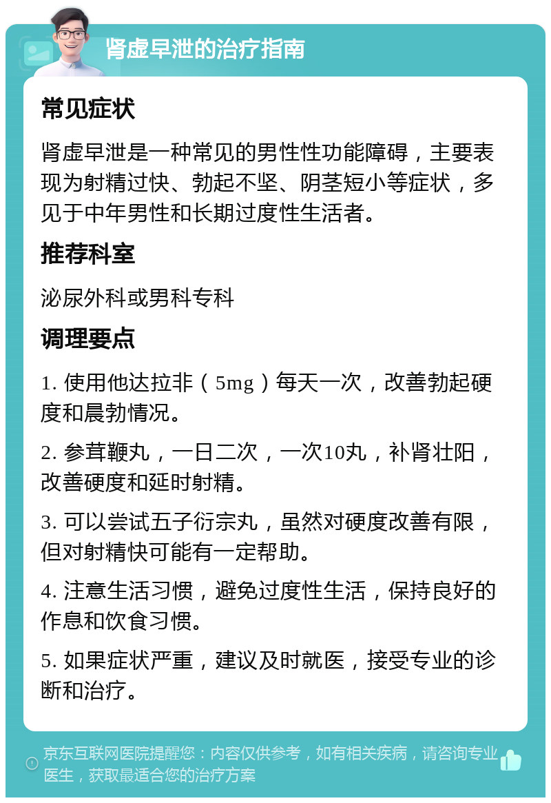 肾虚早泄的治疗指南 常见症状 肾虚早泄是一种常见的男性性功能障碍，主要表现为射精过快、勃起不坚、阴茎短小等症状，多见于中年男性和长期过度性生活者。 推荐科室 泌尿外科或男科专科 调理要点 1. 使用他达拉非（5mg）每天一次，改善勃起硬度和晨勃情况。 2. 参茸鞭丸，一日二次，一次10丸，补肾壮阳，改善硬度和延时射精。 3. 可以尝试五子衍宗丸，虽然对硬度改善有限，但对射精快可能有一定帮助。 4. 注意生活习惯，避免过度性生活，保持良好的作息和饮食习惯。 5. 如果症状严重，建议及时就医，接受专业的诊断和治疗。