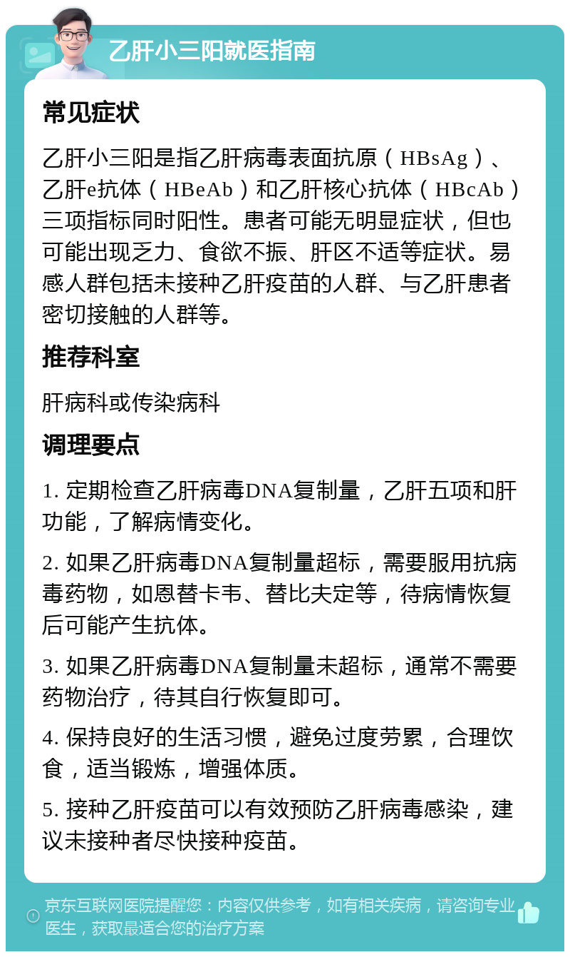 乙肝小三阳就医指南 常见症状 乙肝小三阳是指乙肝病毒表面抗原（HBsAg）、乙肝e抗体（HBeAb）和乙肝核心抗体（HBcAb）三项指标同时阳性。患者可能无明显症状，但也可能出现乏力、食欲不振、肝区不适等症状。易感人群包括未接种乙肝疫苗的人群、与乙肝患者密切接触的人群等。 推荐科室 肝病科或传染病科 调理要点 1. 定期检查乙肝病毒DNA复制量，乙肝五项和肝功能，了解病情变化。 2. 如果乙肝病毒DNA复制量超标，需要服用抗病毒药物，如恩替卡韦、替比夫定等，待病情恢复后可能产生抗体。 3. 如果乙肝病毒DNA复制量未超标，通常不需要药物治疗，待其自行恢复即可。 4. 保持良好的生活习惯，避免过度劳累，合理饮食，适当锻炼，增强体质。 5. 接种乙肝疫苗可以有效预防乙肝病毒感染，建议未接种者尽快接种疫苗。