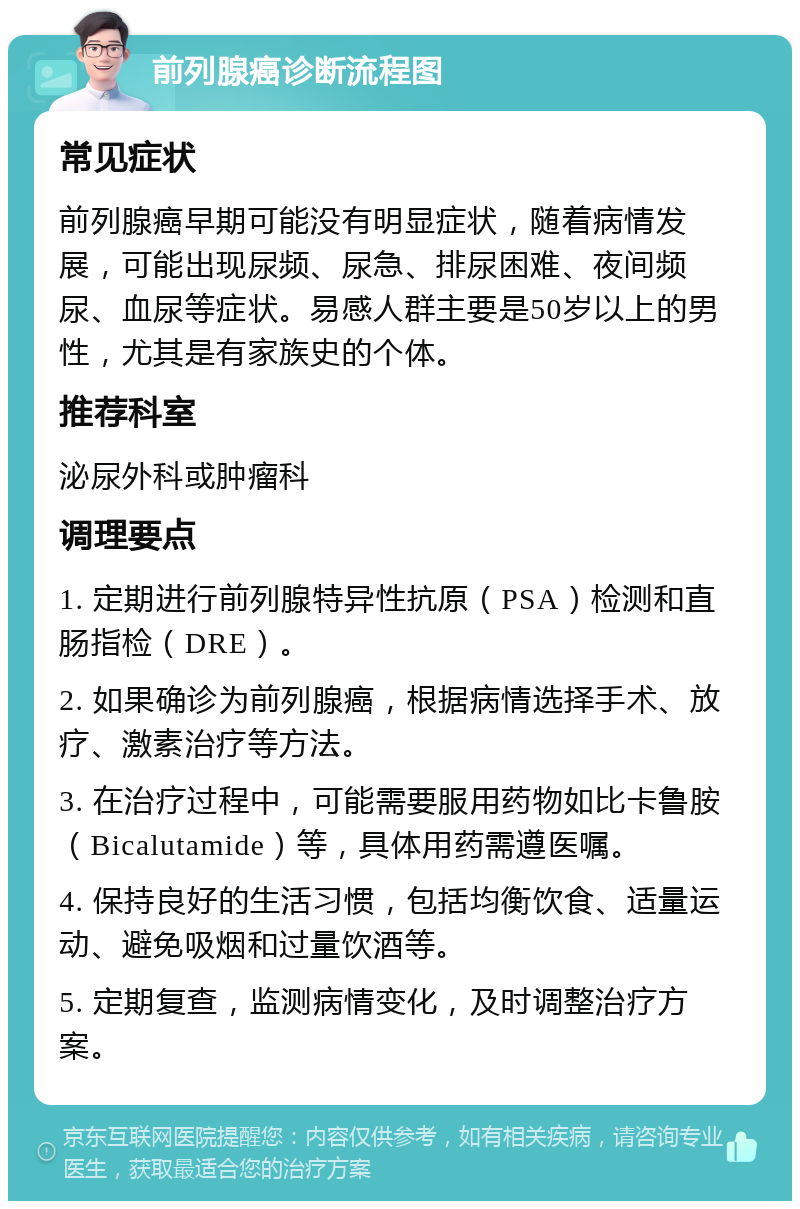 前列腺癌诊断流程图 常见症状 前列腺癌早期可能没有明显症状，随着病情发展，可能出现尿频、尿急、排尿困难、夜间频尿、血尿等症状。易感人群主要是50岁以上的男性，尤其是有家族史的个体。 推荐科室 泌尿外科或肿瘤科 调理要点 1. 定期进行前列腺特异性抗原（PSA）检测和直肠指检（DRE）。 2. 如果确诊为前列腺癌，根据病情选择手术、放疗、激素治疗等方法。 3. 在治疗过程中，可能需要服用药物如比卡鲁胺（Bicalutamide）等，具体用药需遵医嘱。 4. 保持良好的生活习惯，包括均衡饮食、适量运动、避免吸烟和过量饮酒等。 5. 定期复查，监测病情变化，及时调整治疗方案。