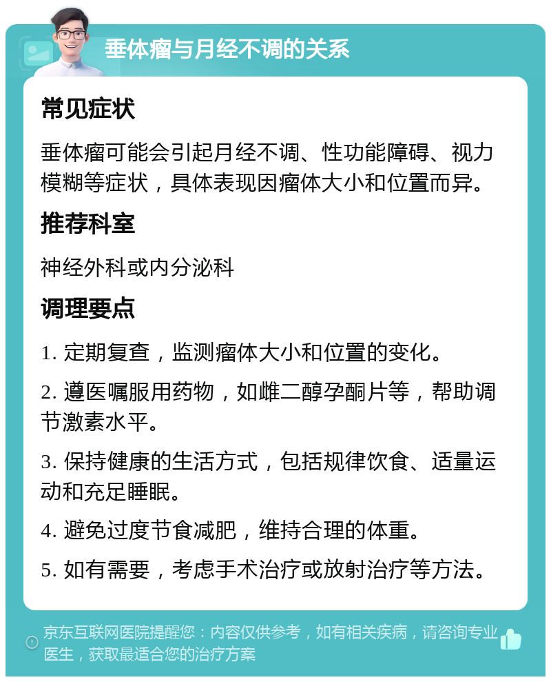 垂体瘤与月经不调的关系 常见症状 垂体瘤可能会引起月经不调、性功能障碍、视力模糊等症状，具体表现因瘤体大小和位置而异。 推荐科室 神经外科或内分泌科 调理要点 1. 定期复查，监测瘤体大小和位置的变化。 2. 遵医嘱服用药物，如雌二醇孕酮片等，帮助调节激素水平。 3. 保持健康的生活方式，包括规律饮食、适量运动和充足睡眠。 4. 避免过度节食减肥，维持合理的体重。 5. 如有需要，考虑手术治疗或放射治疗等方法。