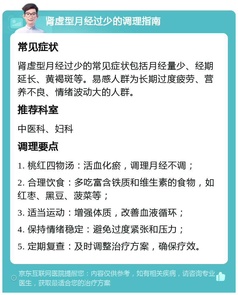 肾虚型月经过少的调理指南 常见症状 肾虚型月经过少的常见症状包括月经量少、经期延长、黄褐斑等。易感人群为长期过度疲劳、营养不良、情绪波动大的人群。 推荐科室 中医科、妇科 调理要点 1. 桃红四物汤：活血化瘀，调理月经不调； 2. 合理饮食：多吃富含铁质和维生素的食物，如红枣、黑豆、菠菜等； 3. 适当运动：增强体质，改善血液循环； 4. 保持情绪稳定：避免过度紧张和压力； 5. 定期复查：及时调整治疗方案，确保疗效。