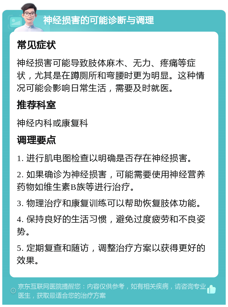 神经损害的可能诊断与调理 常见症状 神经损害可能导致肢体麻木、无力、疼痛等症状，尤其是在蹲厕所和弯腰时更为明显。这种情况可能会影响日常生活，需要及时就医。 推荐科室 神经内科或康复科 调理要点 1. 进行肌电图检查以明确是否存在神经损害。 2. 如果确诊为神经损害，可能需要使用神经营养药物如维生素B族等进行治疗。 3. 物理治疗和康复训练可以帮助恢复肢体功能。 4. 保持良好的生活习惯，避免过度疲劳和不良姿势。 5. 定期复查和随访，调整治疗方案以获得更好的效果。