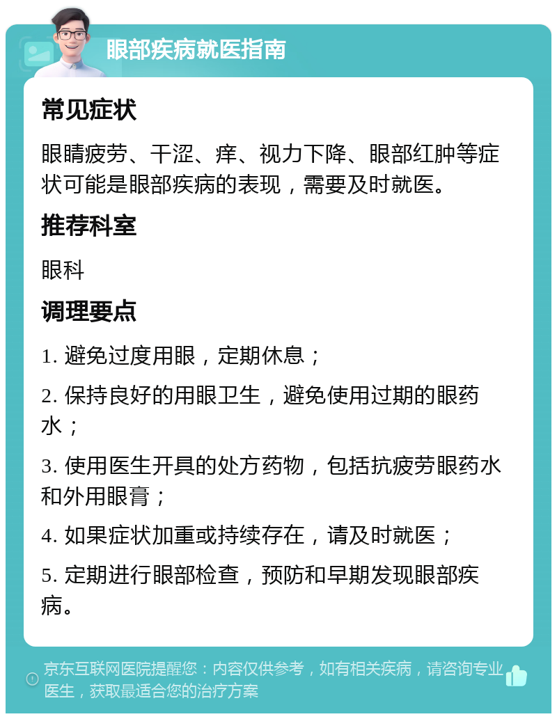 眼部疾病就医指南 常见症状 眼睛疲劳、干涩、痒、视力下降、眼部红肿等症状可能是眼部疾病的表现，需要及时就医。 推荐科室 眼科 调理要点 1. 避免过度用眼，定期休息； 2. 保持良好的用眼卫生，避免使用过期的眼药水； 3. 使用医生开具的处方药物，包括抗疲劳眼药水和外用眼膏； 4. 如果症状加重或持续存在，请及时就医； 5. 定期进行眼部检查，预防和早期发现眼部疾病。