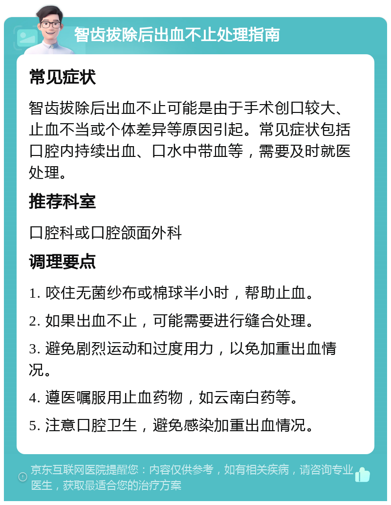 智齿拔除后出血不止处理指南 常见症状 智齿拔除后出血不止可能是由于手术创口较大、止血不当或个体差异等原因引起。常见症状包括口腔内持续出血、口水中带血等，需要及时就医处理。 推荐科室 口腔科或口腔颌面外科 调理要点 1. 咬住无菌纱布或棉球半小时，帮助止血。 2. 如果出血不止，可能需要进行缝合处理。 3. 避免剧烈运动和过度用力，以免加重出血情况。 4. 遵医嘱服用止血药物，如云南白药等。 5. 注意口腔卫生，避免感染加重出血情况。