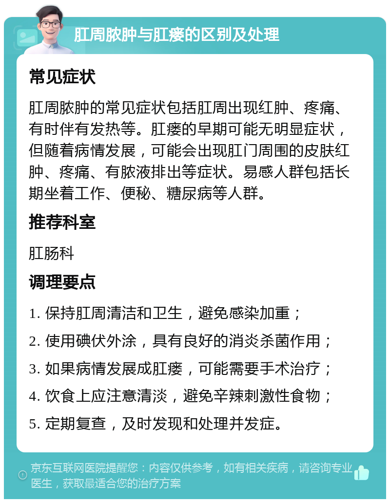 肛周脓肿与肛瘘的区别及处理 常见症状 肛周脓肿的常见症状包括肛周出现红肿、疼痛、有时伴有发热等。肛瘘的早期可能无明显症状，但随着病情发展，可能会出现肛门周围的皮肤红肿、疼痛、有脓液排出等症状。易感人群包括长期坐着工作、便秘、糖尿病等人群。 推荐科室 肛肠科 调理要点 1. 保持肛周清洁和卫生，避免感染加重； 2. 使用碘伏外涂，具有良好的消炎杀菌作用； 3. 如果病情发展成肛瘘，可能需要手术治疗； 4. 饮食上应注意清淡，避免辛辣刺激性食物； 5. 定期复查，及时发现和处理并发症。