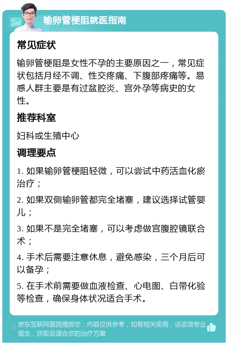 输卵管梗阻就医指南 常见症状 输卵管梗阻是女性不孕的主要原因之一，常见症状包括月经不调、性交疼痛、下腹部疼痛等。易感人群主要是有过盆腔炎、宫外孕等病史的女性。 推荐科室 妇科或生殖中心 调理要点 1. 如果输卵管梗阻轻微，可以尝试中药活血化瘀治疗； 2. 如果双侧输卵管都完全堵塞，建议选择试管婴儿； 3. 如果不是完全堵塞，可以考虑做宫腹腔镜联合术； 4. 手术后需要注意休息，避免感染，三个月后可以备孕； 5. 在手术前需要做血液检查、心电图、白带化验等检查，确保身体状况适合手术。