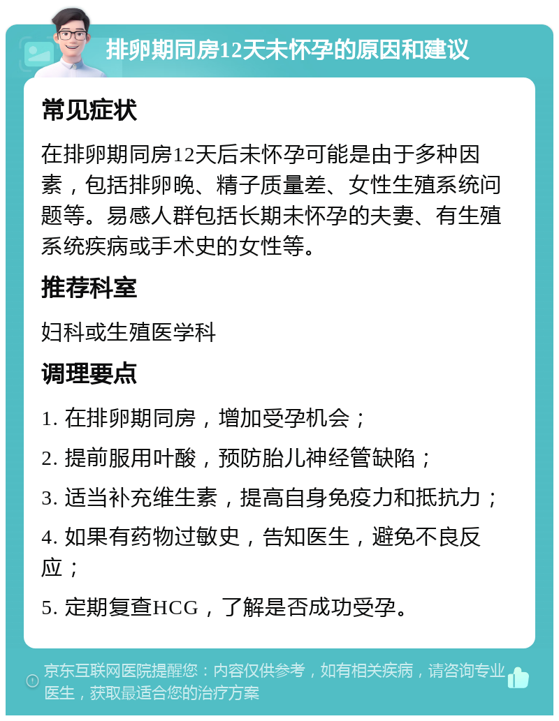 排卵期同房12天未怀孕的原因和建议 常见症状 在排卵期同房12天后未怀孕可能是由于多种因素，包括排卵晚、精子质量差、女性生殖系统问题等。易感人群包括长期未怀孕的夫妻、有生殖系统疾病或手术史的女性等。 推荐科室 妇科或生殖医学科 调理要点 1. 在排卵期同房，增加受孕机会； 2. 提前服用叶酸，预防胎儿神经管缺陷； 3. 适当补充维生素，提高自身免疫力和抵抗力； 4. 如果有药物过敏史，告知医生，避免不良反应； 5. 定期复查HCG，了解是否成功受孕。