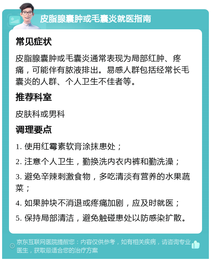 皮脂腺囊肿或毛囊炎就医指南 常见症状 皮脂腺囊肿或毛囊炎通常表现为局部红肿、疼痛，可能伴有脓液排出。易感人群包括经常长毛囊炎的人群、个人卫生不佳者等。 推荐科室 皮肤科或男科 调理要点 1. 使用红霉素软膏涂抹患处； 2. 注意个人卫生，勤换洗内衣内裤和勤洗澡； 3. 避免辛辣刺激食物，多吃清淡有营养的水果蔬菜； 4. 如果肿块不消退或疼痛加剧，应及时就医； 5. 保持局部清洁，避免触碰患处以防感染扩散。