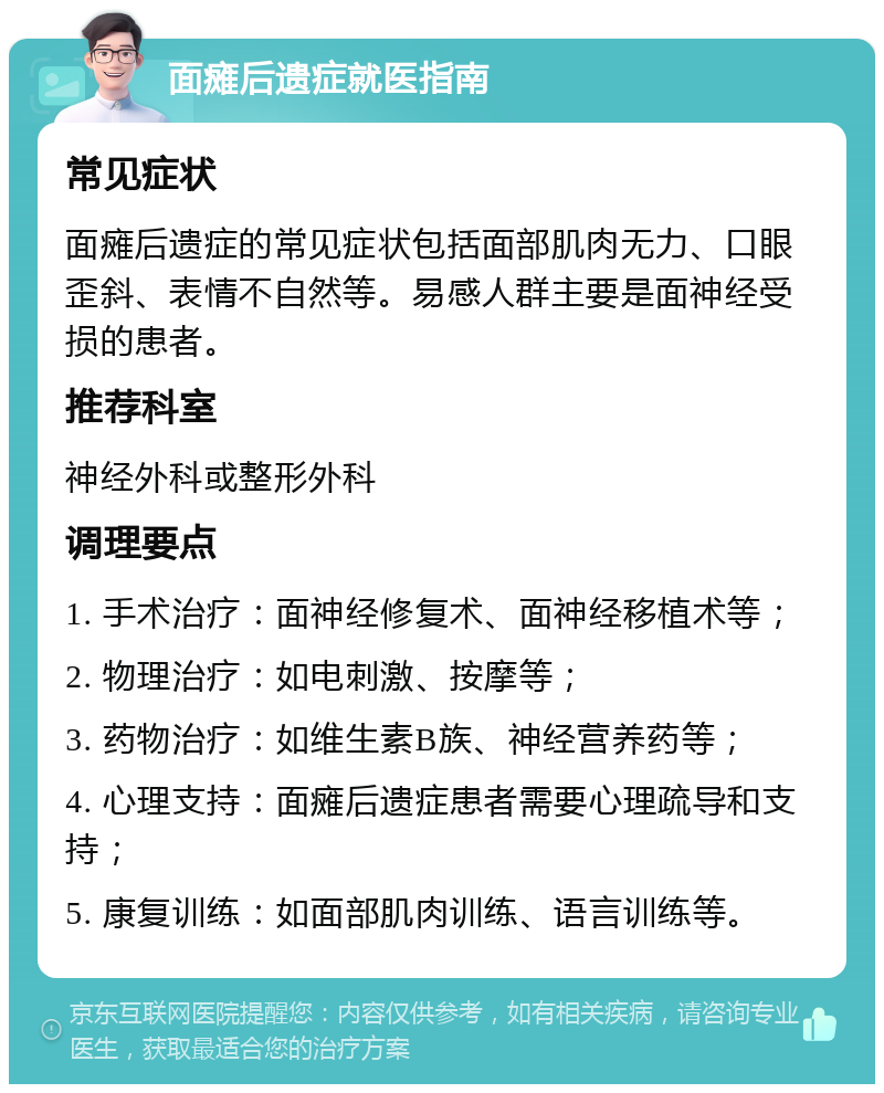 面瘫后遗症就医指南 常见症状 面瘫后遗症的常见症状包括面部肌肉无力、口眼歪斜、表情不自然等。易感人群主要是面神经受损的患者。 推荐科室 神经外科或整形外科 调理要点 1. 手术治疗：面神经修复术、面神经移植术等； 2. 物理治疗：如电刺激、按摩等； 3. 药物治疗：如维生素B族、神经营养药等； 4. 心理支持：面瘫后遗症患者需要心理疏导和支持； 5. 康复训练：如面部肌肉训练、语言训练等。