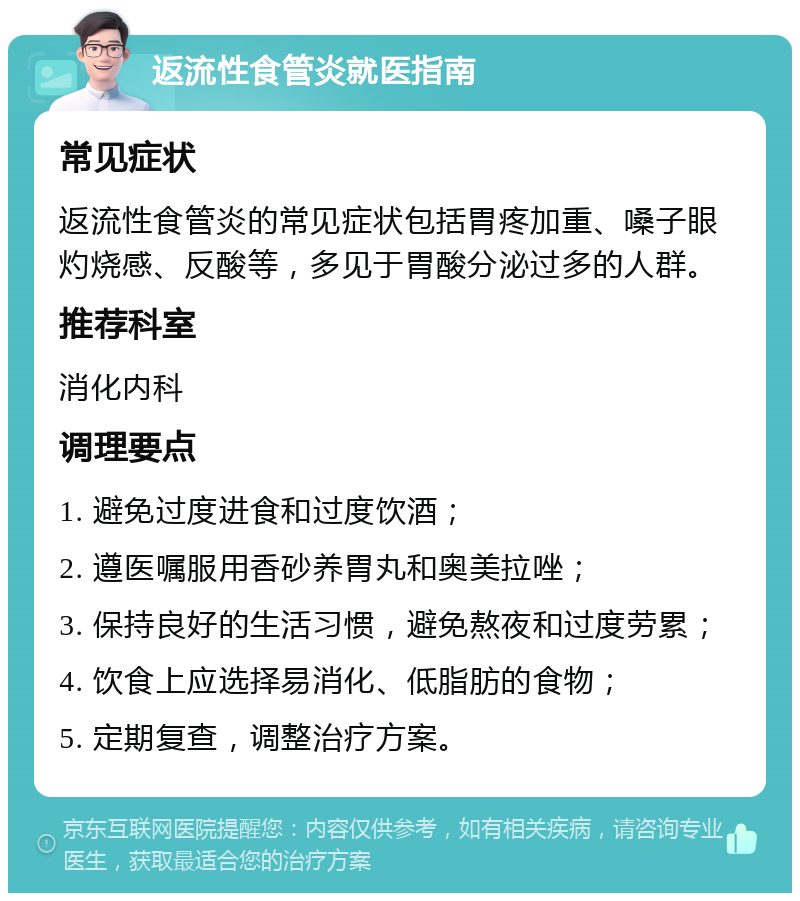 返流性食管炎就医指南 常见症状 返流性食管炎的常见症状包括胃疼加重、嗓子眼灼烧感、反酸等，多见于胃酸分泌过多的人群。 推荐科室 消化内科 调理要点 1. 避免过度进食和过度饮酒； 2. 遵医嘱服用香砂养胃丸和奥美拉唑； 3. 保持良好的生活习惯，避免熬夜和过度劳累； 4. 饮食上应选择易消化、低脂肪的食物； 5. 定期复查，调整治疗方案。