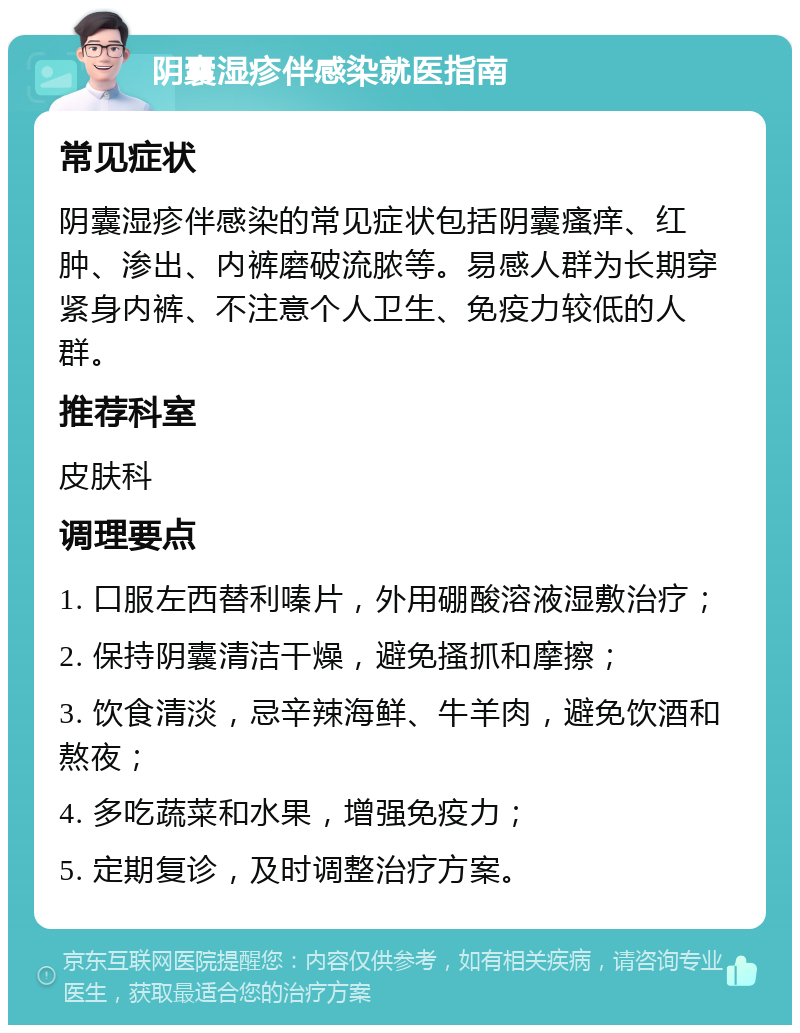 阴囊湿疹伴感染就医指南 常见症状 阴囊湿疹伴感染的常见症状包括阴囊瘙痒、红肿、渗出、内裤磨破流脓等。易感人群为长期穿紧身内裤、不注意个人卫生、免疫力较低的人群。 推荐科室 皮肤科 调理要点 1. 口服左西替利嗪片，外用硼酸溶液湿敷治疗； 2. 保持阴囊清洁干燥，避免搔抓和摩擦； 3. 饮食清淡，忌辛辣海鲜、牛羊肉，避免饮酒和熬夜； 4. 多吃蔬菜和水果，增强免疫力； 5. 定期复诊，及时调整治疗方案。