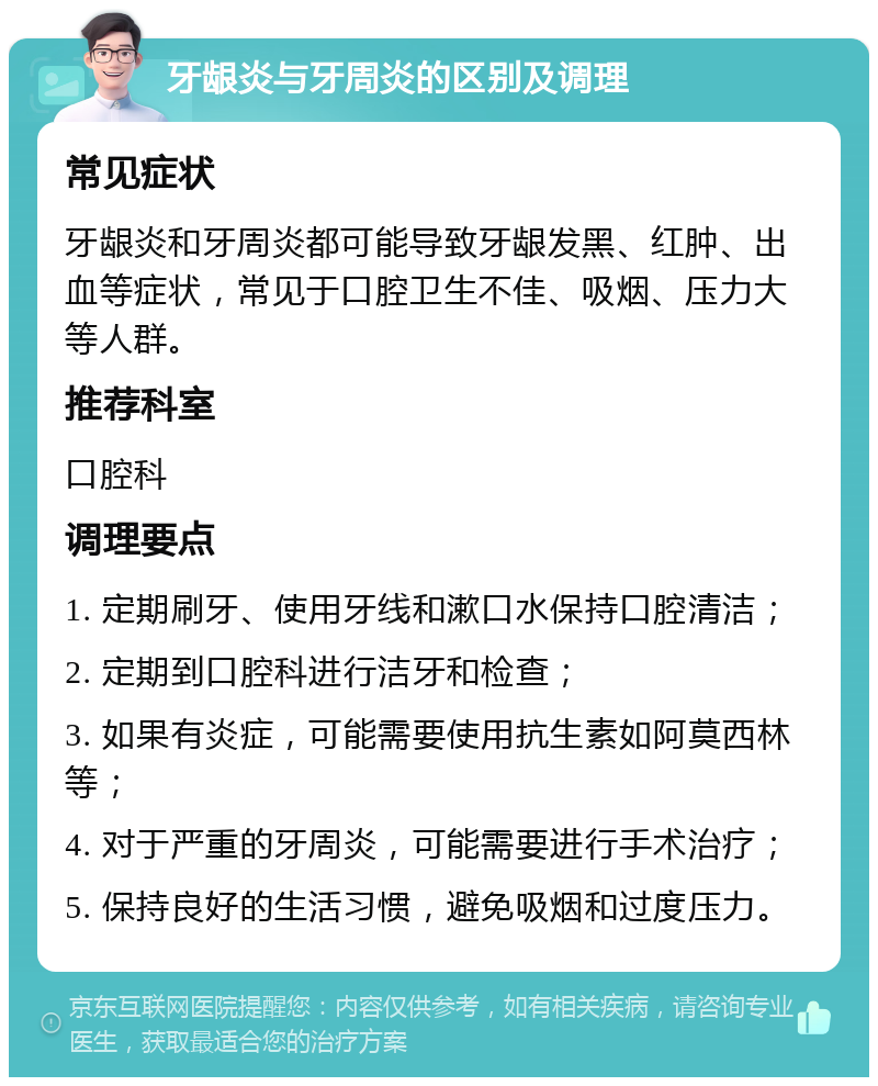 牙龈炎与牙周炎的区别及调理 常见症状 牙龈炎和牙周炎都可能导致牙龈发黑、红肿、出血等症状，常见于口腔卫生不佳、吸烟、压力大等人群。 推荐科室 口腔科 调理要点 1. 定期刷牙、使用牙线和漱口水保持口腔清洁； 2. 定期到口腔科进行洁牙和检查； 3. 如果有炎症，可能需要使用抗生素如阿莫西林等； 4. 对于严重的牙周炎，可能需要进行手术治疗； 5. 保持良好的生活习惯，避免吸烟和过度压力。