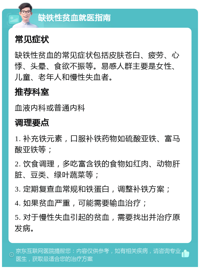 缺铁性贫血就医指南 常见症状 缺铁性贫血的常见症状包括皮肤苍白、疲劳、心悸、头晕、食欲不振等。易感人群主要是女性、儿童、老年人和慢性失血者。 推荐科室 血液内科或普通内科 调理要点 1. 补充铁元素，口服补铁药物如硫酸亚铁、富马酸亚铁等； 2. 饮食调理，多吃富含铁的食物如红肉、动物肝脏、豆类、绿叶蔬菜等； 3. 定期复查血常规和铁蛋白，调整补铁方案； 4. 如果贫血严重，可能需要输血治疗； 5. 对于慢性失血引起的贫血，需要找出并治疗原发病。