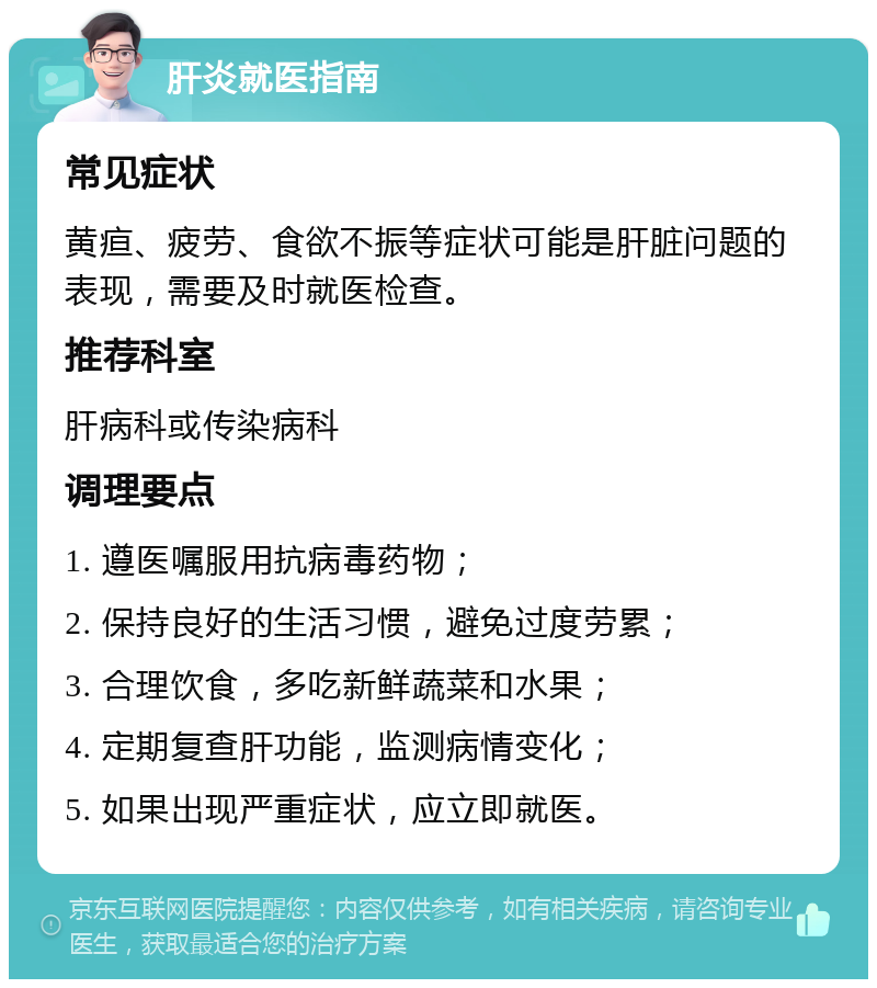 肝炎就医指南 常见症状 黄疸、疲劳、食欲不振等症状可能是肝脏问题的表现，需要及时就医检查。 推荐科室 肝病科或传染病科 调理要点 1. 遵医嘱服用抗病毒药物； 2. 保持良好的生活习惯，避免过度劳累； 3. 合理饮食，多吃新鲜蔬菜和水果； 4. 定期复查肝功能，监测病情变化； 5. 如果出现严重症状，应立即就医。