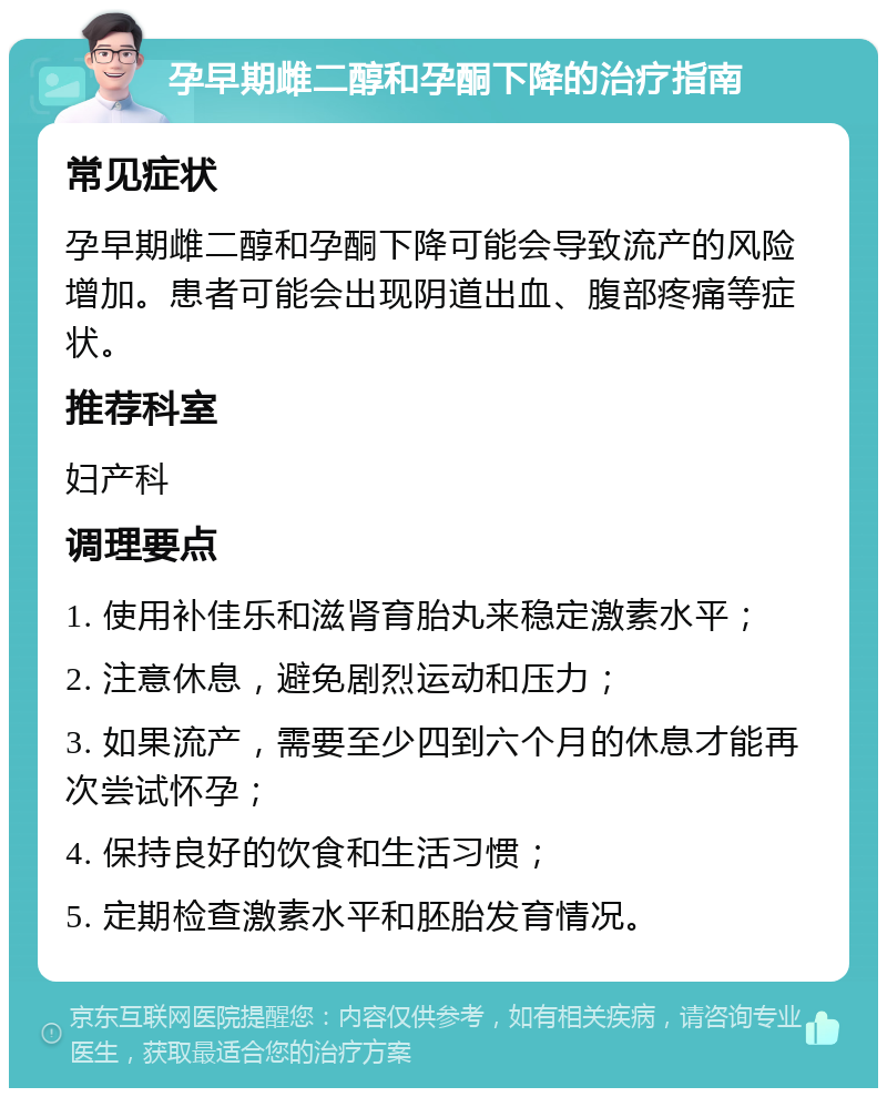 孕早期雌二醇和孕酮下降的治疗指南 常见症状 孕早期雌二醇和孕酮下降可能会导致流产的风险增加。患者可能会出现阴道出血、腹部疼痛等症状。 推荐科室 妇产科 调理要点 1. 使用补佳乐和滋肾育胎丸来稳定激素水平； 2. 注意休息，避免剧烈运动和压力； 3. 如果流产，需要至少四到六个月的休息才能再次尝试怀孕； 4. 保持良好的饮食和生活习惯； 5. 定期检查激素水平和胚胎发育情况。