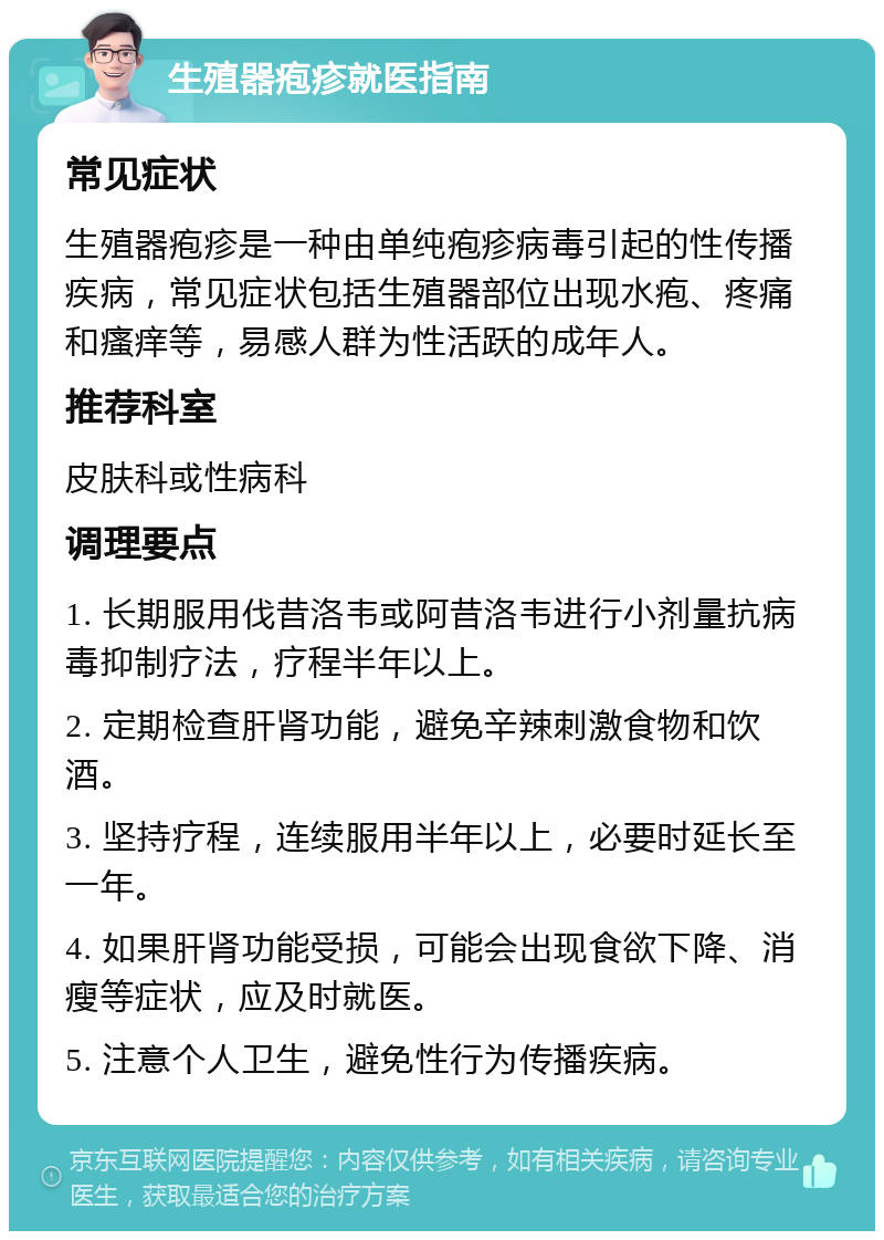 生殖器疱疹就医指南 常见症状 生殖器疱疹是一种由单纯疱疹病毒引起的性传播疾病，常见症状包括生殖器部位出现水疱、疼痛和瘙痒等，易感人群为性活跃的成年人。 推荐科室 皮肤科或性病科 调理要点 1. 长期服用伐昔洛韦或阿昔洛韦进行小剂量抗病毒抑制疗法，疗程半年以上。 2. 定期检查肝肾功能，避免辛辣刺激食物和饮酒。 3. 坚持疗程，连续服用半年以上，必要时延长至一年。 4. 如果肝肾功能受损，可能会出现食欲下降、消瘦等症状，应及时就医。 5. 注意个人卫生，避免性行为传播疾病。