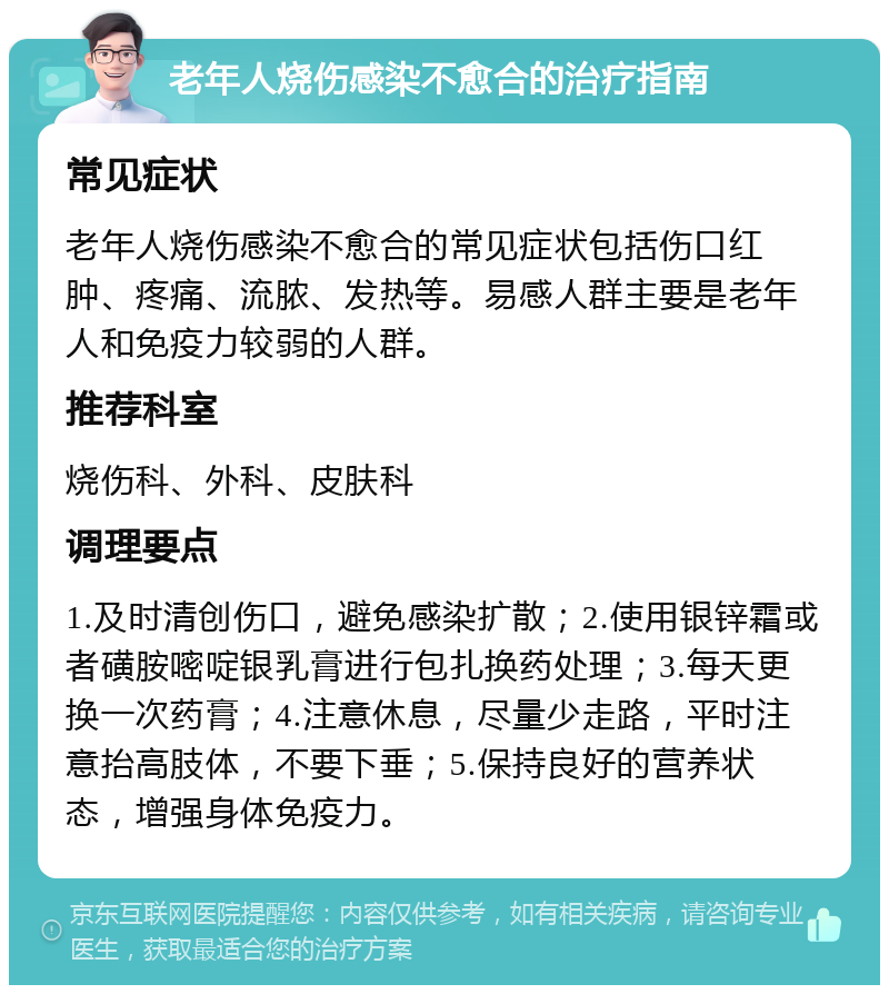 老年人烧伤感染不愈合的治疗指南 常见症状 老年人烧伤感染不愈合的常见症状包括伤口红肿、疼痛、流脓、发热等。易感人群主要是老年人和免疫力较弱的人群。 推荐科室 烧伤科、外科、皮肤科 调理要点 1.及时清创伤口，避免感染扩散；2.使用银锌霜或者磺胺嘧啶银乳膏进行包扎换药处理；3.每天更换一次药膏；4.注意休息，尽量少走路，平时注意抬高肢体，不要下垂；5.保持良好的营养状态，增强身体免疫力。