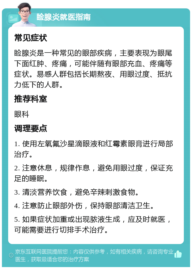 睑腺炎就医指南 常见症状 睑腺炎是一种常见的眼部疾病，主要表现为眼尾下面红肿、疼痛，可能伴随有眼部充血、疼痛等症状。易感人群包括长期熬夜、用眼过度、抵抗力低下的人群。 推荐科室 眼科 调理要点 1. 使用左氧氟沙星滴眼液和红霉素眼膏进行局部治疗。 2. 注意休息，规律作息，避免用眼过度，保证充足的睡眠。 3. 清淡营养饮食，避免辛辣刺激食物。 4. 注意防止眼部外伤，保持眼部清洁卫生。 5. 如果症状加重或出现脓液生成，应及时就医，可能需要进行切排手术治疗。