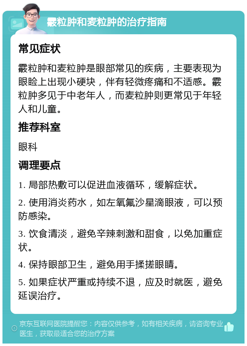 霰粒肿和麦粒肿的治疗指南 常见症状 霰粒肿和麦粒肿是眼部常见的疾病，主要表现为眼睑上出现小硬块，伴有轻微疼痛和不适感。霰粒肿多见于中老年人，而麦粒肿则更常见于年轻人和儿童。 推荐科室 眼科 调理要点 1. 局部热敷可以促进血液循环，缓解症状。 2. 使用消炎药水，如左氧氟沙星滴眼液，可以预防感染。 3. 饮食清淡，避免辛辣刺激和甜食，以免加重症状。 4. 保持眼部卫生，避免用手揉搓眼睛。 5. 如果症状严重或持续不退，应及时就医，避免延误治疗。