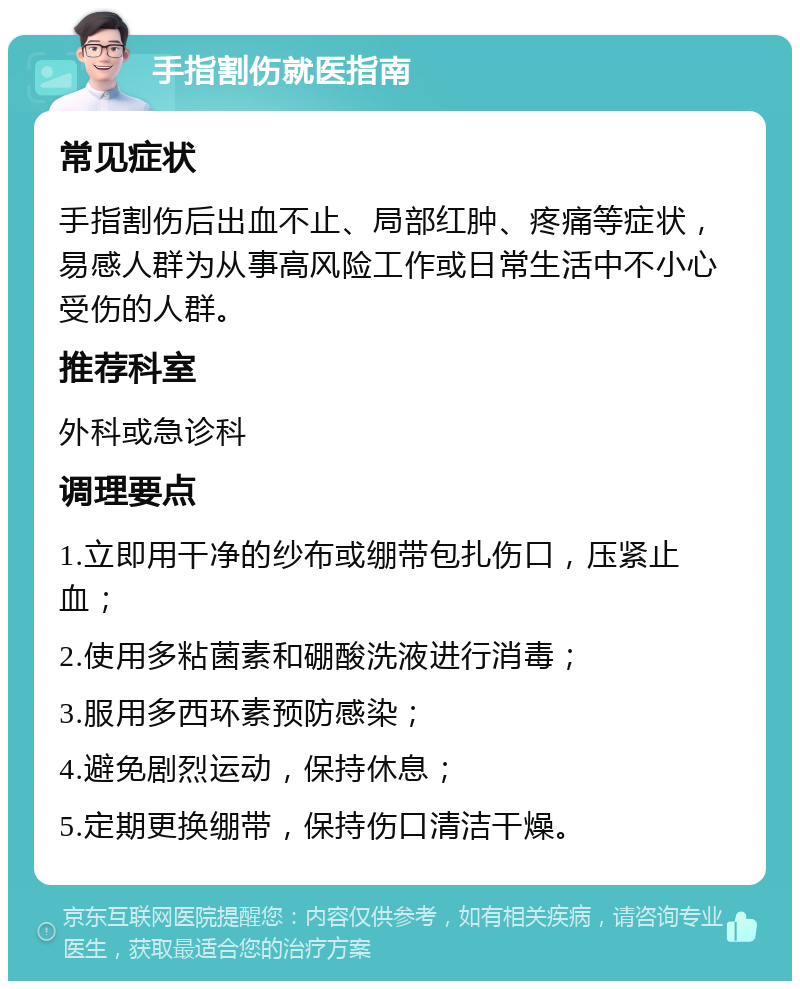 手指割伤就医指南 常见症状 手指割伤后出血不止、局部红肿、疼痛等症状，易感人群为从事高风险工作或日常生活中不小心受伤的人群。 推荐科室 外科或急诊科 调理要点 1.立即用干净的纱布或绷带包扎伤口，压紧止血； 2.使用多粘菌素和硼酸洗液进行消毒； 3.服用多西环素预防感染； 4.避免剧烈运动，保持休息； 5.定期更换绷带，保持伤口清洁干燥。