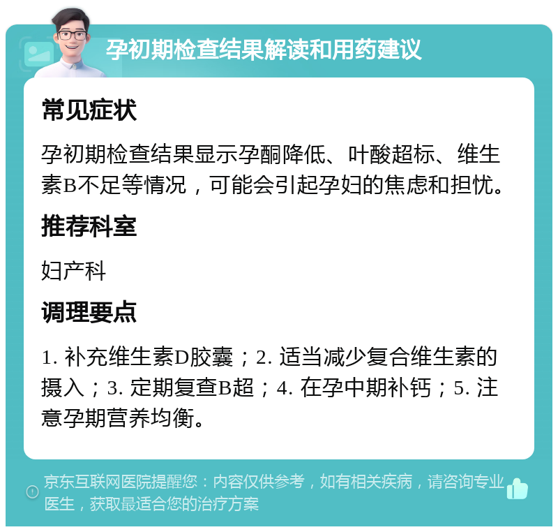 孕初期检查结果解读和用药建议 常见症状 孕初期检查结果显示孕酮降低、叶酸超标、维生素B不足等情况，可能会引起孕妇的焦虑和担忧。 推荐科室 妇产科 调理要点 1. 补充维生素D胶囊；2. 适当减少复合维生素的摄入；3. 定期复查B超；4. 在孕中期补钙；5. 注意孕期营养均衡。