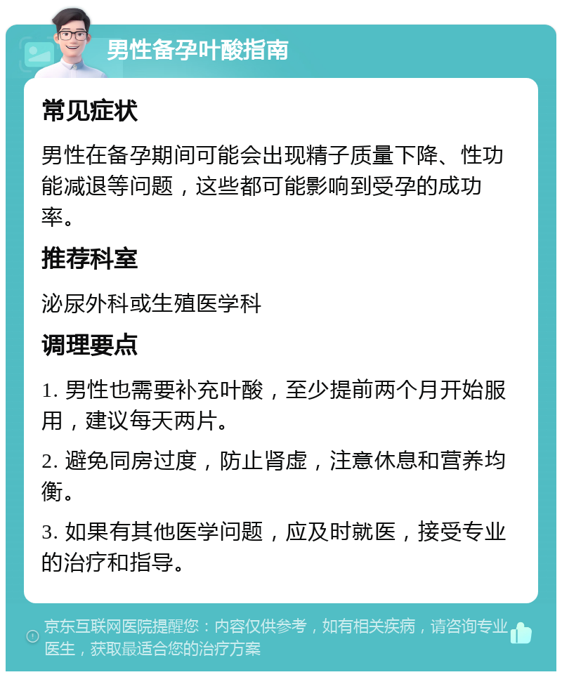 男性备孕叶酸指南 常见症状 男性在备孕期间可能会出现精子质量下降、性功能减退等问题，这些都可能影响到受孕的成功率。 推荐科室 泌尿外科或生殖医学科 调理要点 1. 男性也需要补充叶酸，至少提前两个月开始服用，建议每天两片。 2. 避免同房过度，防止肾虚，注意休息和营养均衡。 3. 如果有其他医学问题，应及时就医，接受专业的治疗和指导。