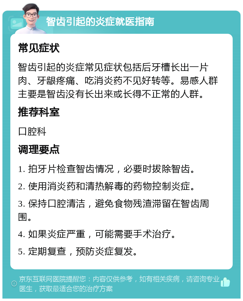 智齿引起的炎症就医指南 常见症状 智齿引起的炎症常见症状包括后牙槽长出一片肉、牙龈疼痛、吃消炎药不见好转等。易感人群主要是智齿没有长出来或长得不正常的人群。 推荐科室 口腔科 调理要点 1. 拍牙片检查智齿情况，必要时拔除智齿。 2. 使用消炎药和清热解毒的药物控制炎症。 3. 保持口腔清洁，避免食物残渣滞留在智齿周围。 4. 如果炎症严重，可能需要手术治疗。 5. 定期复查，预防炎症复发。