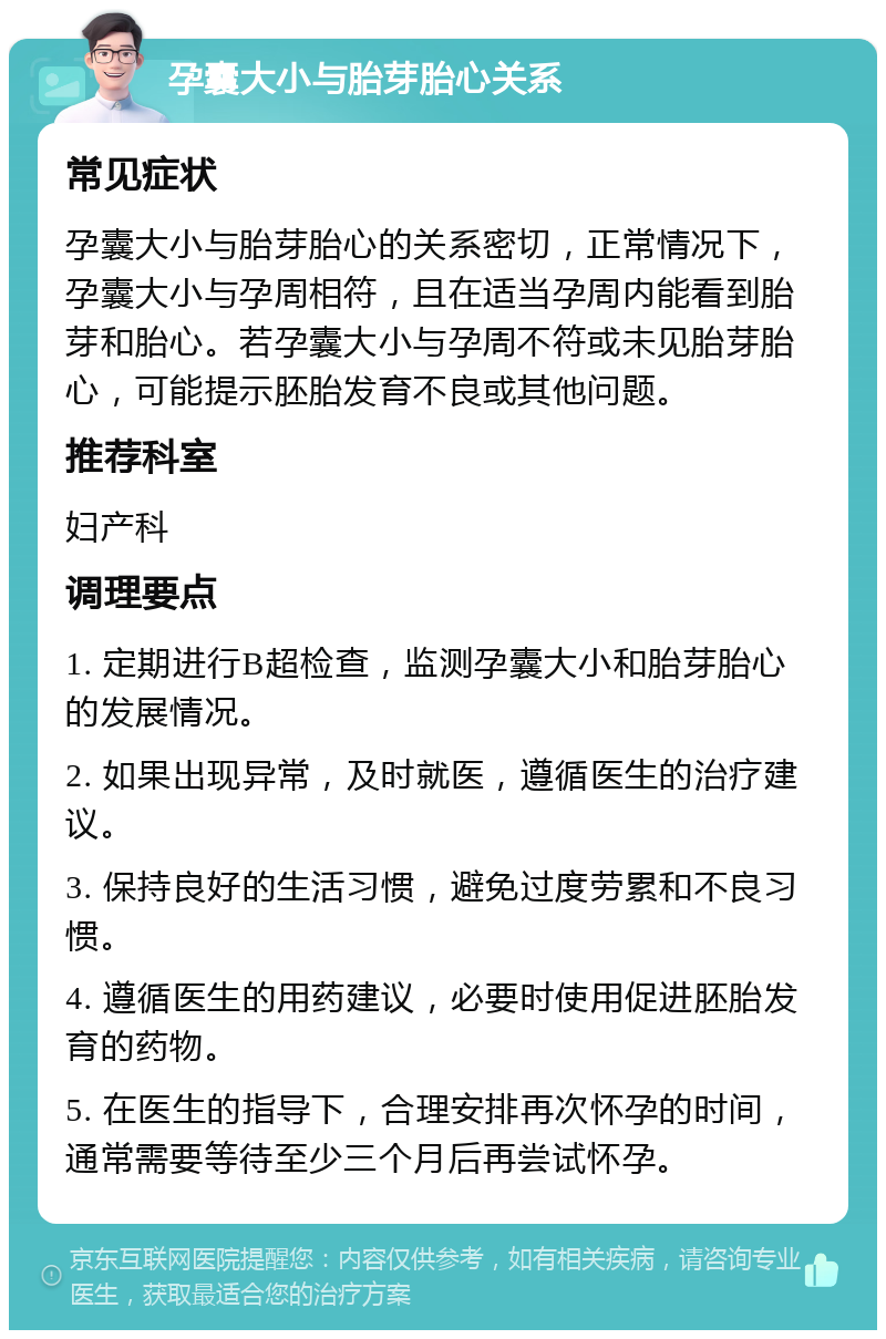 孕囊大小与胎芽胎心关系 常见症状 孕囊大小与胎芽胎心的关系密切，正常情况下，孕囊大小与孕周相符，且在适当孕周内能看到胎芽和胎心。若孕囊大小与孕周不符或未见胎芽胎心，可能提示胚胎发育不良或其他问题。 推荐科室 妇产科 调理要点 1. 定期进行B超检查，监测孕囊大小和胎芽胎心的发展情况。 2. 如果出现异常，及时就医，遵循医生的治疗建议。 3. 保持良好的生活习惯，避免过度劳累和不良习惯。 4. 遵循医生的用药建议，必要时使用促进胚胎发育的药物。 5. 在医生的指导下，合理安排再次怀孕的时间，通常需要等待至少三个月后再尝试怀孕。