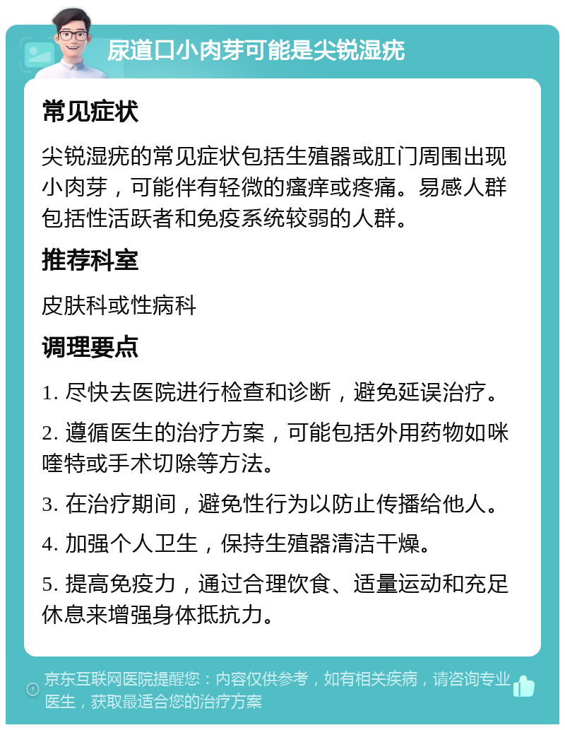 尿道口小肉芽可能是尖锐湿疣 常见症状 尖锐湿疣的常见症状包括生殖器或肛门周围出现小肉芽，可能伴有轻微的瘙痒或疼痛。易感人群包括性活跃者和免疫系统较弱的人群。 推荐科室 皮肤科或性病科 调理要点 1. 尽快去医院进行检查和诊断，避免延误治疗。 2. 遵循医生的治疗方案，可能包括外用药物如咪喹特或手术切除等方法。 3. 在治疗期间，避免性行为以防止传播给他人。 4. 加强个人卫生，保持生殖器清洁干燥。 5. 提高免疫力，通过合理饮食、适量运动和充足休息来增强身体抵抗力。