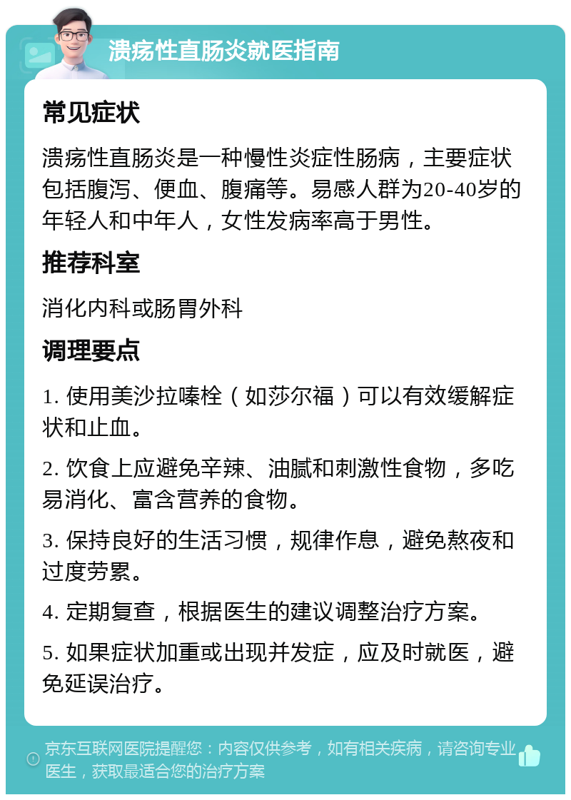 溃疡性直肠炎就医指南 常见症状 溃疡性直肠炎是一种慢性炎症性肠病，主要症状包括腹泻、便血、腹痛等。易感人群为20-40岁的年轻人和中年人，女性发病率高于男性。 推荐科室 消化内科或肠胃外科 调理要点 1. 使用美沙拉嗪栓（如莎尔福）可以有效缓解症状和止血。 2. 饮食上应避免辛辣、油腻和刺激性食物，多吃易消化、富含营养的食物。 3. 保持良好的生活习惯，规律作息，避免熬夜和过度劳累。 4. 定期复查，根据医生的建议调整治疗方案。 5. 如果症状加重或出现并发症，应及时就医，避免延误治疗。