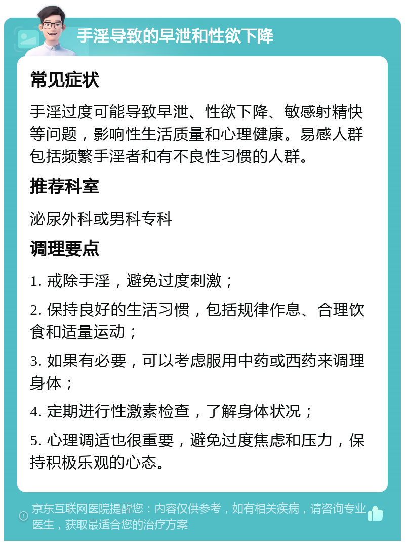 手淫导致的早泄和性欲下降 常见症状 手淫过度可能导致早泄、性欲下降、敏感射精快等问题，影响性生活质量和心理健康。易感人群包括频繁手淫者和有不良性习惯的人群。 推荐科室 泌尿外科或男科专科 调理要点 1. 戒除手淫，避免过度刺激； 2. 保持良好的生活习惯，包括规律作息、合理饮食和适量运动； 3. 如果有必要，可以考虑服用中药或西药来调理身体； 4. 定期进行性激素检查，了解身体状况； 5. 心理调适也很重要，避免过度焦虑和压力，保持积极乐观的心态。