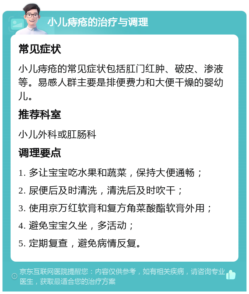 小儿痔疮的治疗与调理 常见症状 小儿痔疮的常见症状包括肛门红肿、破皮、渗液等。易感人群主要是排便费力和大便干燥的婴幼儿。 推荐科室 小儿外科或肛肠科 调理要点 1. 多让宝宝吃水果和蔬菜，保持大便通畅； 2. 尿便后及时清洗，清洗后及时吹干； 3. 使用京万红软膏和复方角菜酸酯软膏外用； 4. 避免宝宝久坐，多活动； 5. 定期复查，避免病情反复。