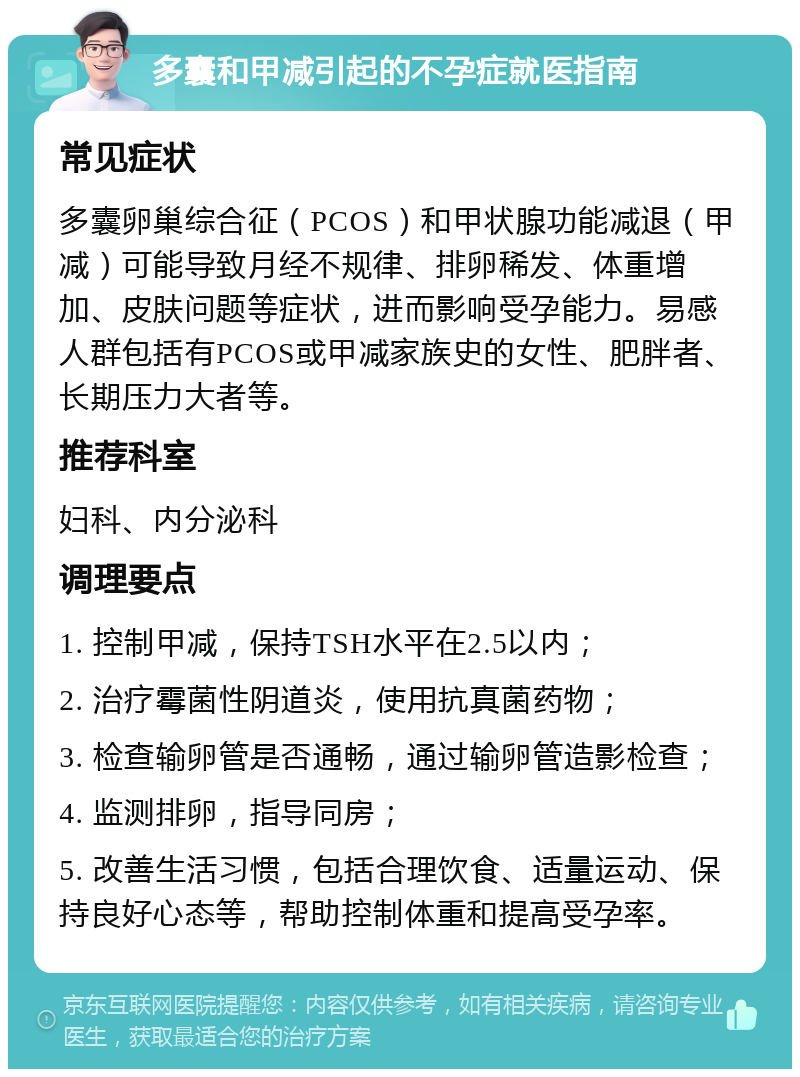 多囊和甲减引起的不孕症就医指南 常见症状 多囊卵巢综合征（PCOS）和甲状腺功能减退（甲减）可能导致月经不规律、排卵稀发、体重增加、皮肤问题等症状，进而影响受孕能力。易感人群包括有PCOS或甲减家族史的女性、肥胖者、长期压力大者等。 推荐科室 妇科、内分泌科 调理要点 1. 控制甲减，保持TSH水平在2.5以内； 2. 治疗霉菌性阴道炎，使用抗真菌药物； 3. 检查输卵管是否通畅，通过输卵管造影检查； 4. 监测排卵，指导同房； 5. 改善生活习惯，包括合理饮食、适量运动、保持良好心态等，帮助控制体重和提高受孕率。