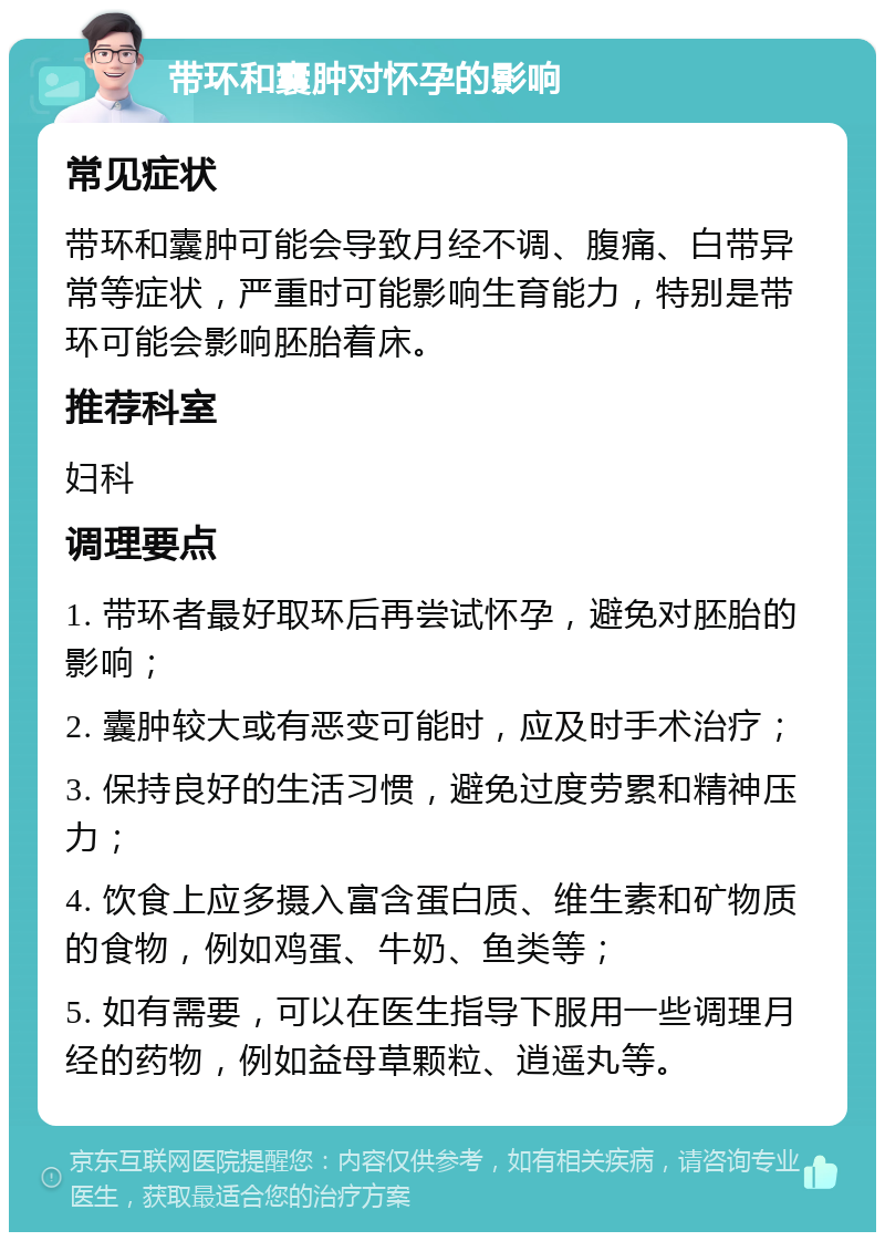 带环和囊肿对怀孕的影响 常见症状 带环和囊肿可能会导致月经不调、腹痛、白带异常等症状，严重时可能影响生育能力，特别是带环可能会影响胚胎着床。 推荐科室 妇科 调理要点 1. 带环者最好取环后再尝试怀孕，避免对胚胎的影响； 2. 囊肿较大或有恶变可能时，应及时手术治疗； 3. 保持良好的生活习惯，避免过度劳累和精神压力； 4. 饮食上应多摄入富含蛋白质、维生素和矿物质的食物，例如鸡蛋、牛奶、鱼类等； 5. 如有需要，可以在医生指导下服用一些调理月经的药物，例如益母草颗粒、逍遥丸等。