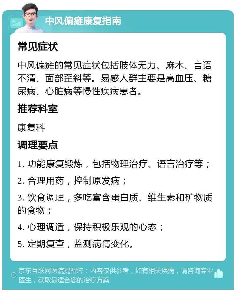 中风偏瘫康复指南 常见症状 中风偏瘫的常见症状包括肢体无力、麻木、言语不清、面部歪斜等。易感人群主要是高血压、糖尿病、心脏病等慢性疾病患者。 推荐科室 康复科 调理要点 1. 功能康复锻炼，包括物理治疗、语言治疗等； 2. 合理用药，控制原发病； 3. 饮食调理，多吃富含蛋白质、维生素和矿物质的食物； 4. 心理调适，保持积极乐观的心态； 5. 定期复查，监测病情变化。