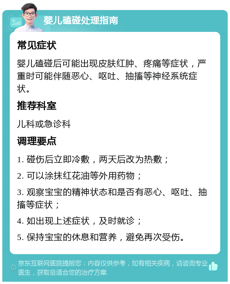 婴儿磕碰处理指南 常见症状 婴儿磕碰后可能出现皮肤红肿、疼痛等症状，严重时可能伴随恶心、呕吐、抽搐等神经系统症状。 推荐科室 儿科或急诊科 调理要点 1. 碰伤后立即冷敷，两天后改为热敷； 2. 可以涂抹红花油等外用药物； 3. 观察宝宝的精神状态和是否有恶心、呕吐、抽搐等症状； 4. 如出现上述症状，及时就诊； 5. 保持宝宝的休息和营养，避免再次受伤。