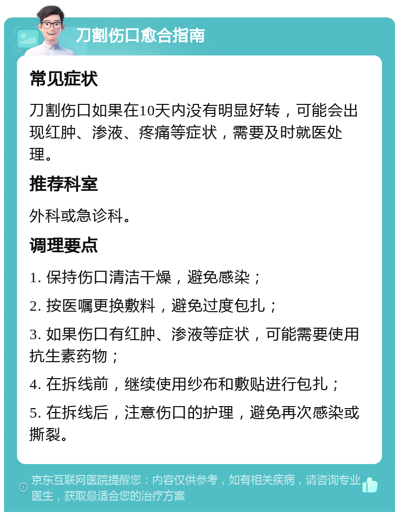 刀割伤口愈合指南 常见症状 刀割伤口如果在10天内没有明显好转，可能会出现红肿、渗液、疼痛等症状，需要及时就医处理。 推荐科室 外科或急诊科。 调理要点 1. 保持伤口清洁干燥，避免感染； 2. 按医嘱更换敷料，避免过度包扎； 3. 如果伤口有红肿、渗液等症状，可能需要使用抗生素药物； 4. 在拆线前，继续使用纱布和敷贴进行包扎； 5. 在拆线后，注意伤口的护理，避免再次感染或撕裂。