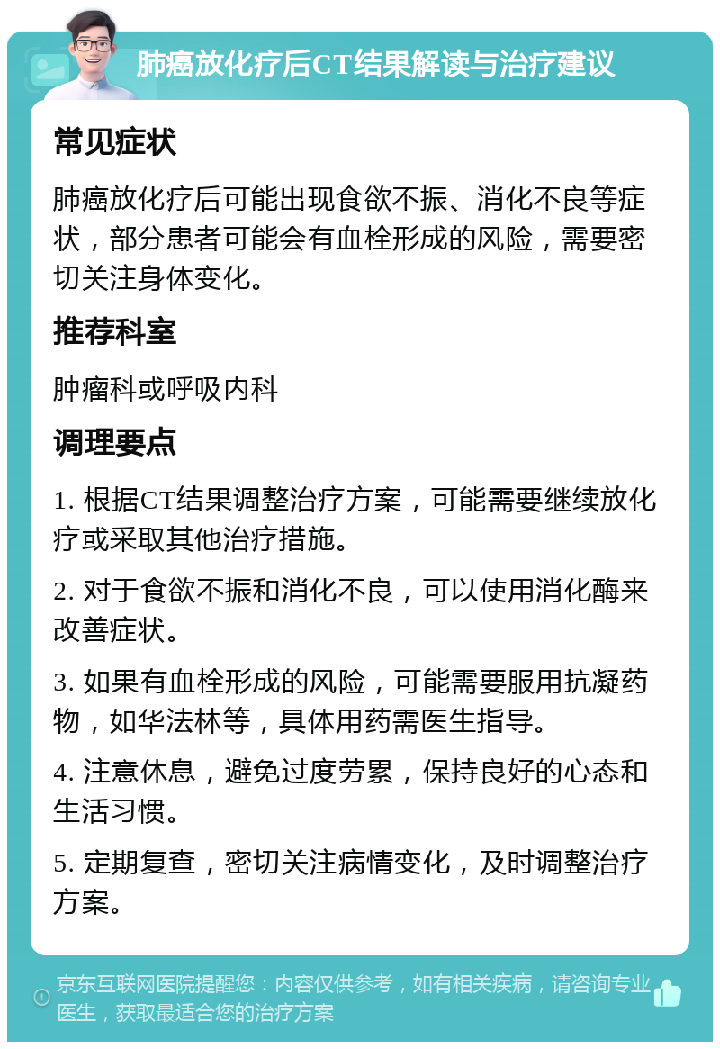 肺癌放化疗后CT结果解读与治疗建议 常见症状 肺癌放化疗后可能出现食欲不振、消化不良等症状，部分患者可能会有血栓形成的风险，需要密切关注身体变化。 推荐科室 肿瘤科或呼吸内科 调理要点 1. 根据CT结果调整治疗方案，可能需要继续放化疗或采取其他治疗措施。 2. 对于食欲不振和消化不良，可以使用消化酶来改善症状。 3. 如果有血栓形成的风险，可能需要服用抗凝药物，如华法林等，具体用药需医生指导。 4. 注意休息，避免过度劳累，保持良好的心态和生活习惯。 5. 定期复查，密切关注病情变化，及时调整治疗方案。