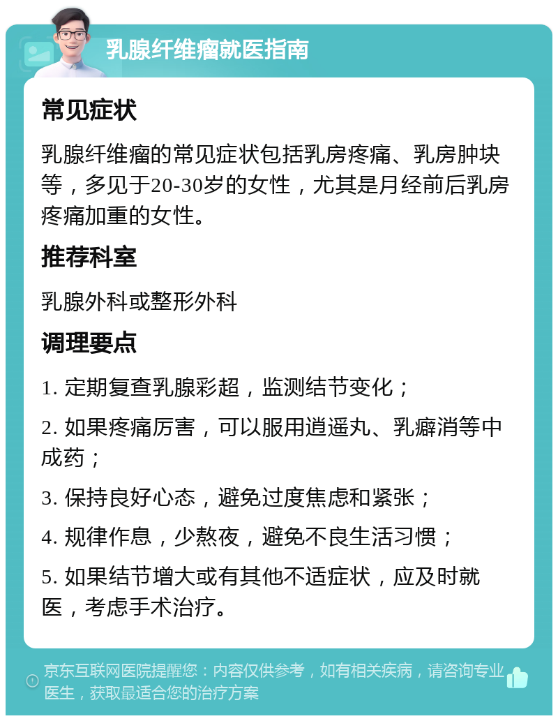 乳腺纤维瘤就医指南 常见症状 乳腺纤维瘤的常见症状包括乳房疼痛、乳房肿块等，多见于20-30岁的女性，尤其是月经前后乳房疼痛加重的女性。 推荐科室 乳腺外科或整形外科 调理要点 1. 定期复查乳腺彩超，监测结节变化； 2. 如果疼痛厉害，可以服用逍遥丸、乳癖消等中成药； 3. 保持良好心态，避免过度焦虑和紧张； 4. 规律作息，少熬夜，避免不良生活习惯； 5. 如果结节增大或有其他不适症状，应及时就医，考虑手术治疗。