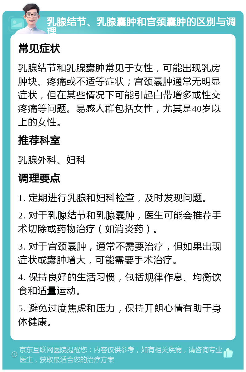 乳腺结节、乳腺囊肿和宫颈囊肿的区别与调理 常见症状 乳腺结节和乳腺囊肿常见于女性，可能出现乳房肿块、疼痛或不适等症状；宫颈囊肿通常无明显症状，但在某些情况下可能引起白带增多或性交疼痛等问题。易感人群包括女性，尤其是40岁以上的女性。 推荐科室 乳腺外科、妇科 调理要点 1. 定期进行乳腺和妇科检查，及时发现问题。 2. 对于乳腺结节和乳腺囊肿，医生可能会推荐手术切除或药物治疗（如消炎药）。 3. 对于宫颈囊肿，通常不需要治疗，但如果出现症状或囊肿增大，可能需要手术治疗。 4. 保持良好的生活习惯，包括规律作息、均衡饮食和适量运动。 5. 避免过度焦虑和压力，保持开朗心情有助于身体健康。