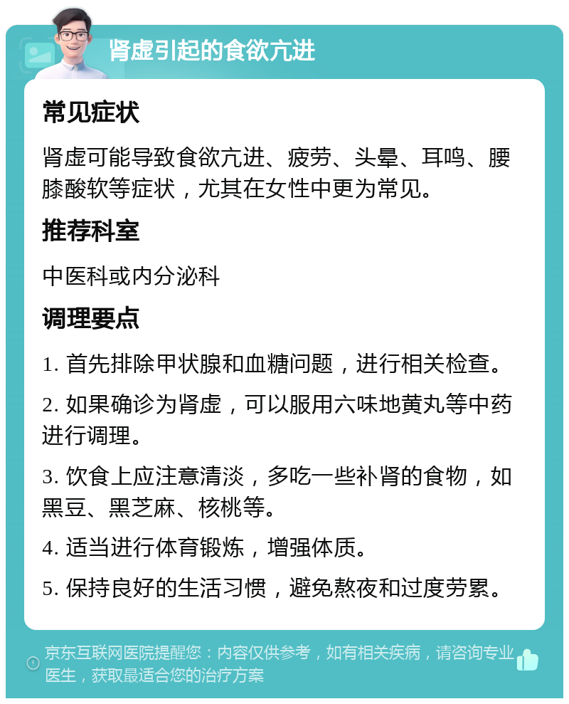 肾虚引起的食欲亢进 常见症状 肾虚可能导致食欲亢进、疲劳、头晕、耳鸣、腰膝酸软等症状，尤其在女性中更为常见。 推荐科室 中医科或内分泌科 调理要点 1. 首先排除甲状腺和血糖问题，进行相关检查。 2. 如果确诊为肾虚，可以服用六味地黄丸等中药进行调理。 3. 饮食上应注意清淡，多吃一些补肾的食物，如黑豆、黑芝麻、核桃等。 4. 适当进行体育锻炼，增强体质。 5. 保持良好的生活习惯，避免熬夜和过度劳累。