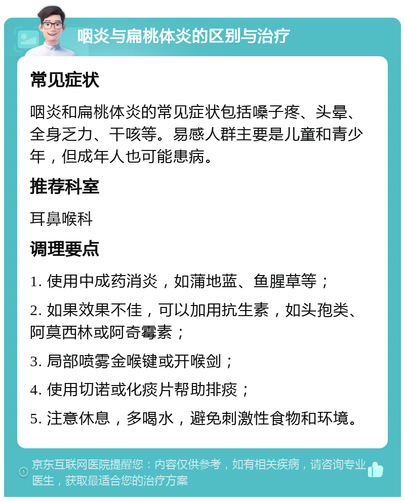 咽炎与扁桃体炎的区别与治疗 常见症状 咽炎和扁桃体炎的常见症状包括嗓子疼、头晕、全身乏力、干咳等。易感人群主要是儿童和青少年，但成年人也可能患病。 推荐科室 耳鼻喉科 调理要点 1. 使用中成药消炎，如蒲地蓝、鱼腥草等； 2. 如果效果不佳，可以加用抗生素，如头孢类、阿莫西林或阿奇霉素； 3. 局部喷雾金喉键或开喉剑； 4. 使用切诺或化痰片帮助排痰； 5. 注意休息，多喝水，避免刺激性食物和环境。