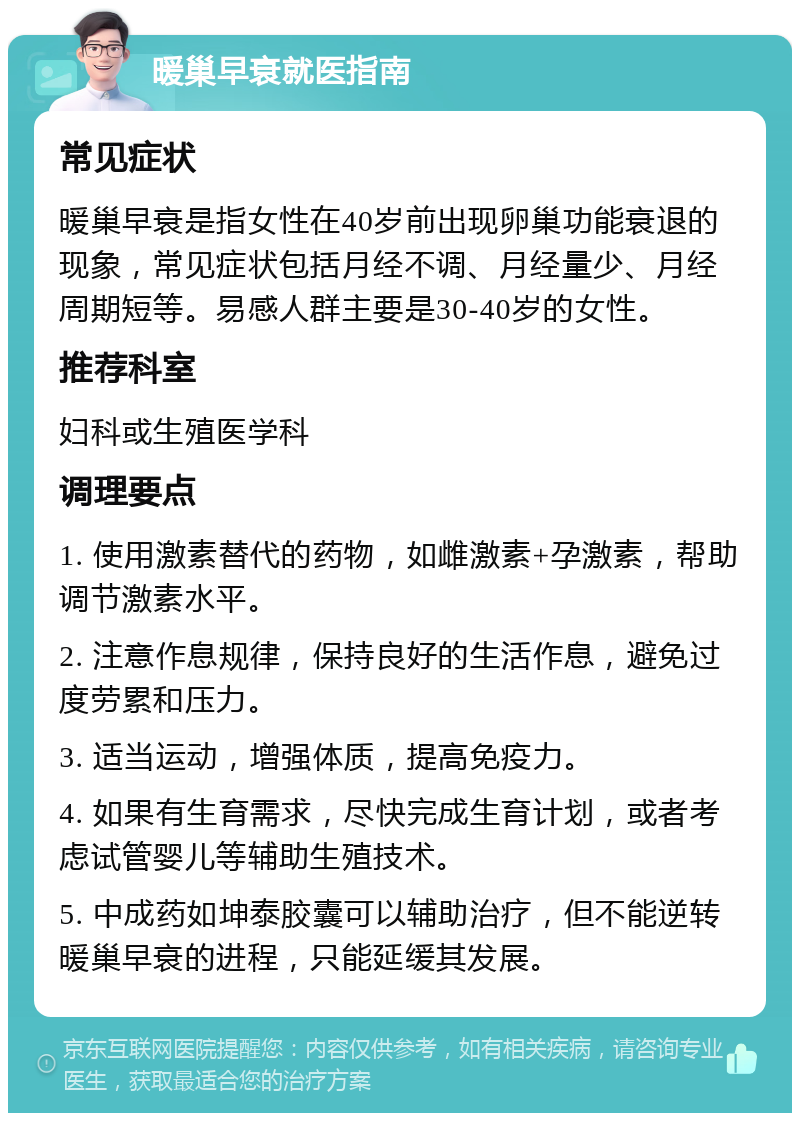 暖巢早衰就医指南 常见症状 暖巢早衰是指女性在40岁前出现卵巢功能衰退的现象，常见症状包括月经不调、月经量少、月经周期短等。易感人群主要是30-40岁的女性。 推荐科室 妇科或生殖医学科 调理要点 1. 使用激素替代的药物，如雌激素+孕激素，帮助调节激素水平。 2. 注意作息规律，保持良好的生活作息，避免过度劳累和压力。 3. 适当运动，增强体质，提高免疫力。 4. 如果有生育需求，尽快完成生育计划，或者考虑试管婴儿等辅助生殖技术。 5. 中成药如坤泰胶囊可以辅助治疗，但不能逆转暖巢早衰的进程，只能延缓其发展。