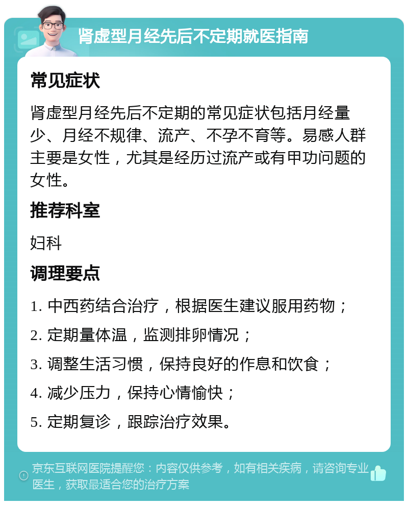 肾虚型月经先后不定期就医指南 常见症状 肾虚型月经先后不定期的常见症状包括月经量少、月经不规律、流产、不孕不育等。易感人群主要是女性，尤其是经历过流产或有甲功问题的女性。 推荐科室 妇科 调理要点 1. 中西药结合治疗，根据医生建议服用药物； 2. 定期量体温，监测排卵情况； 3. 调整生活习惯，保持良好的作息和饮食； 4. 减少压力，保持心情愉快； 5. 定期复诊，跟踪治疗效果。