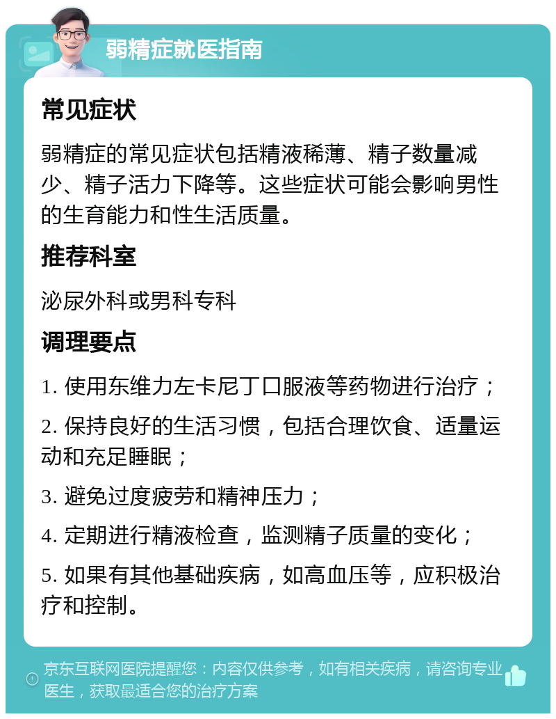 弱精症就医指南 常见症状 弱精症的常见症状包括精液稀薄、精子数量减少、精子活力下降等。这些症状可能会影响男性的生育能力和性生活质量。 推荐科室 泌尿外科或男科专科 调理要点 1. 使用东维力左卡尼丁口服液等药物进行治疗； 2. 保持良好的生活习惯，包括合理饮食、适量运动和充足睡眠； 3. 避免过度疲劳和精神压力； 4. 定期进行精液检查，监测精子质量的变化； 5. 如果有其他基础疾病，如高血压等，应积极治疗和控制。